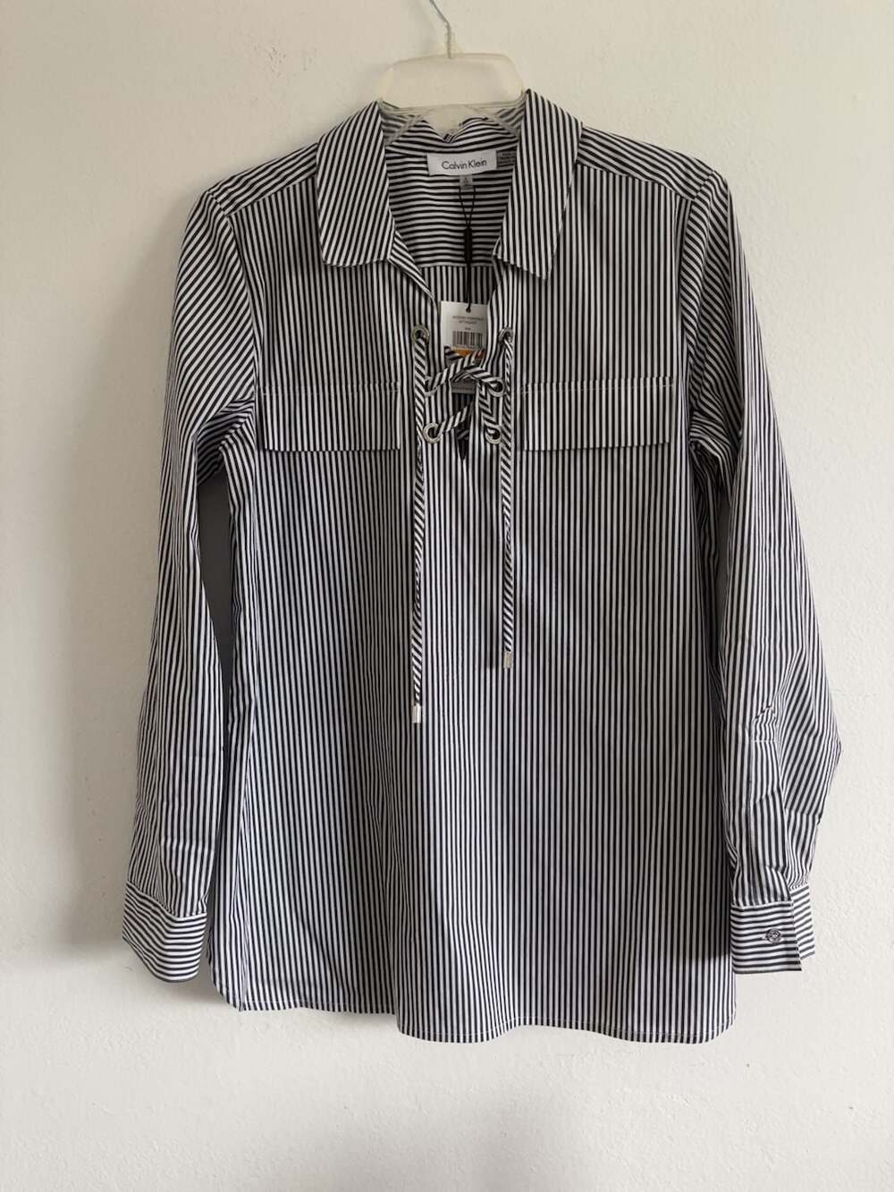 Calvin Klein Grey Black Striped Tie Neck Long Sleeve Blouse Size S